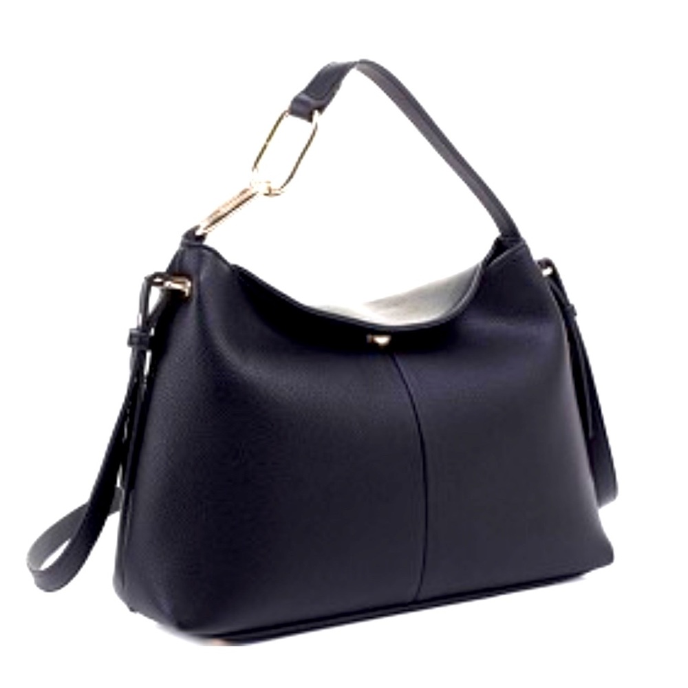 Soft Vegan Leather Medium Top-Handle 2 Way Hobo Handbag Black